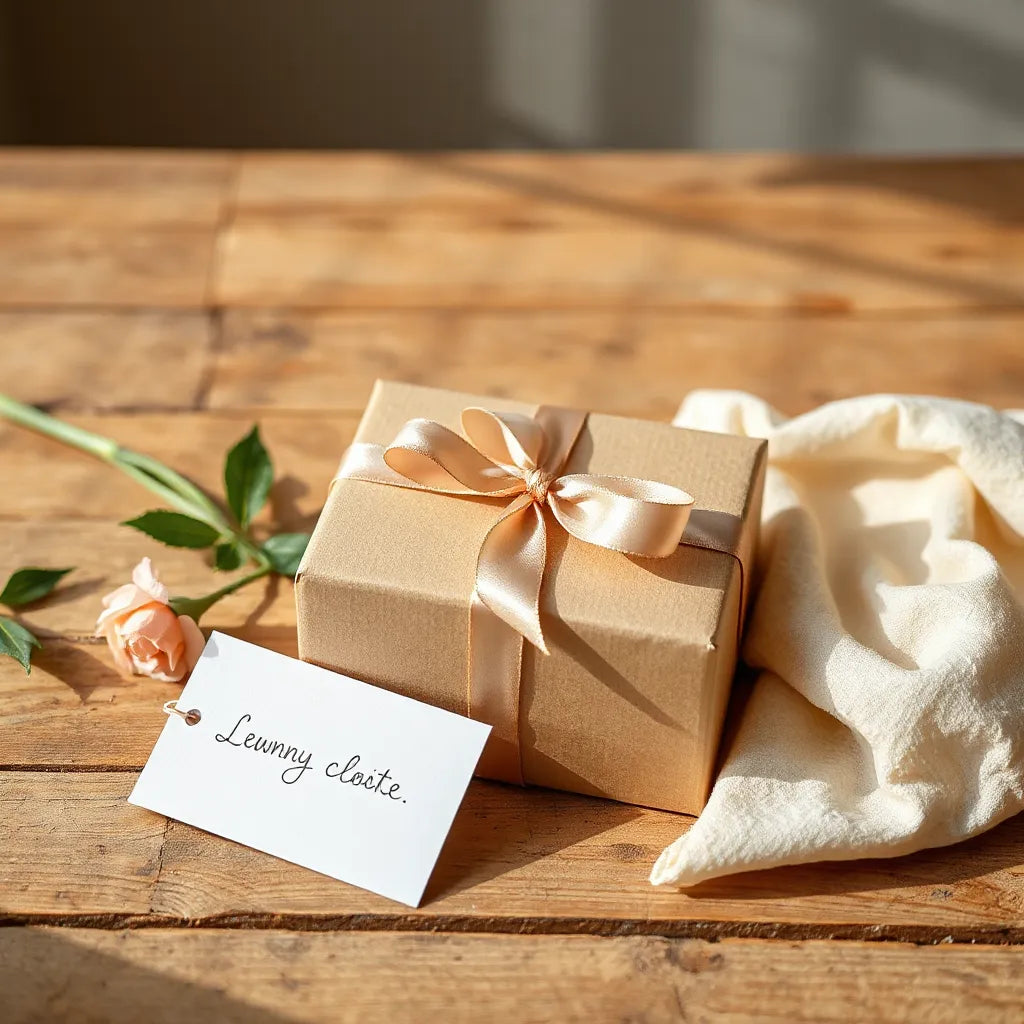Wrapped gift box with satin ribbon on a wooden table beside a small bouquet and blank card