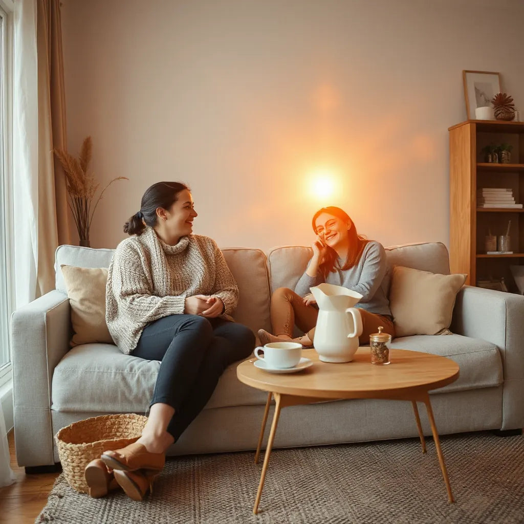 Warm living room scene with two people sharing a cozy, happy moment