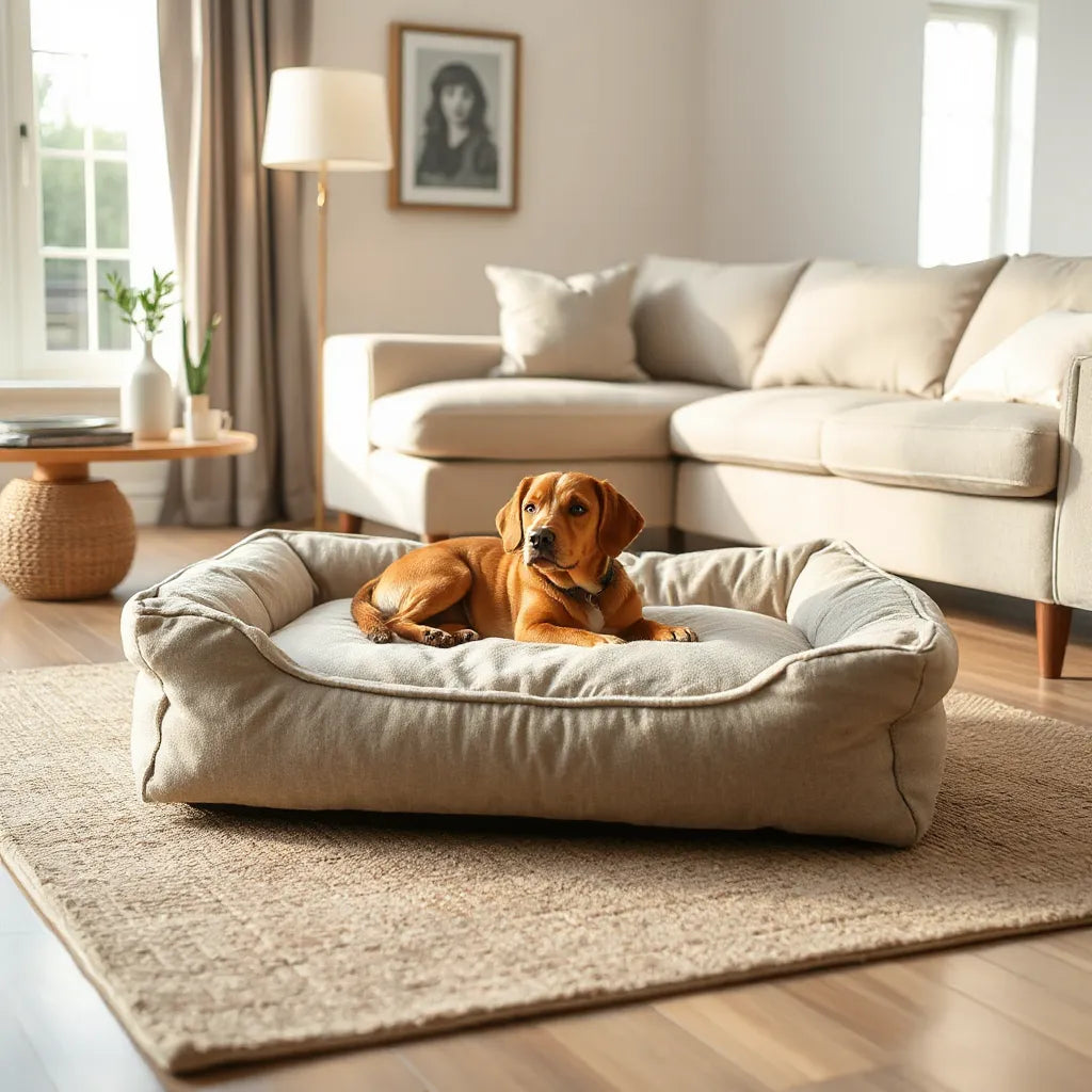 Small dog resting on a plush pet bed with raised bolsters in a cozy living room