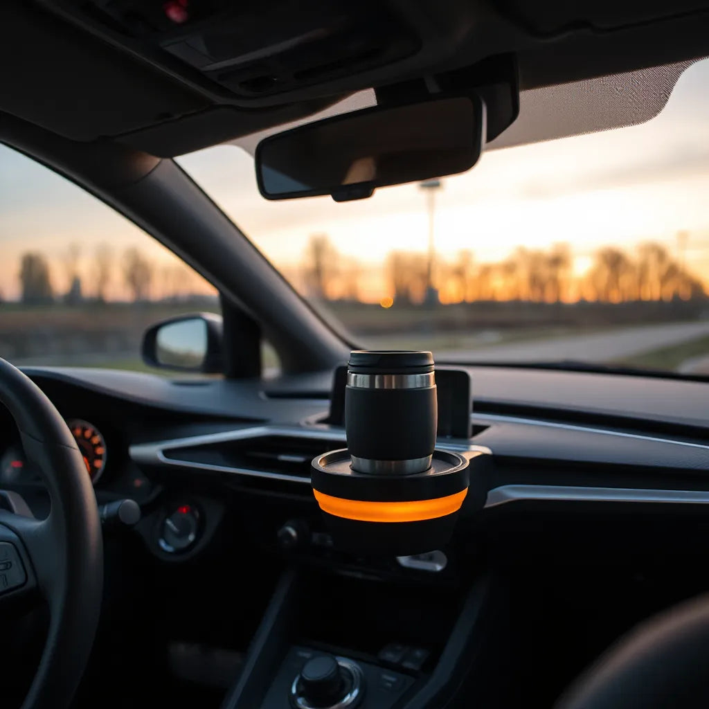 Smart cup warmer in a car console holding a hot travel mug with a subtle warm glow