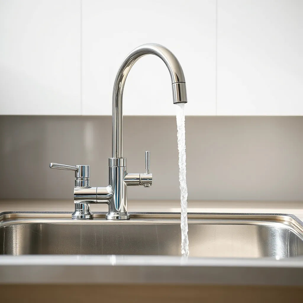 Chrome faucet with a rotating extender aiming water across a clean stainless sink