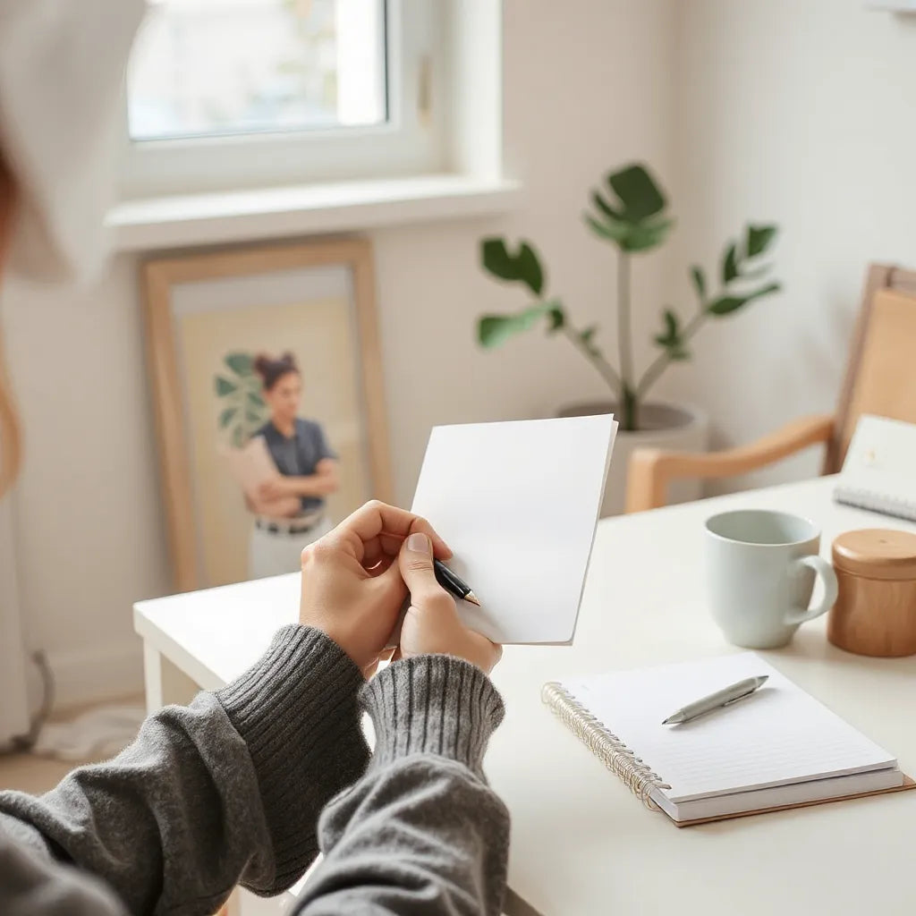 A woman’s hands writing on a notepad at a tidy desk with natural light