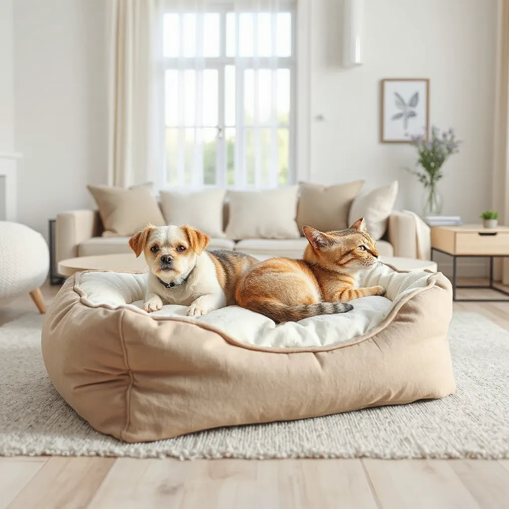 Small dog and cat resting on a two-layer plush pet bed in a bright living room