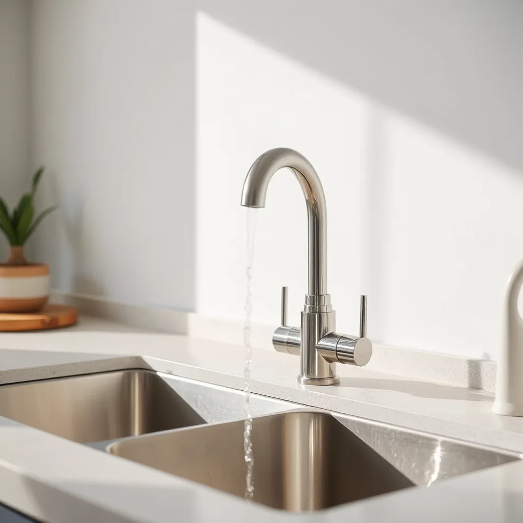 Modern kitchen faucet with a 1080° rotatable extender angled for improved sink reach and control