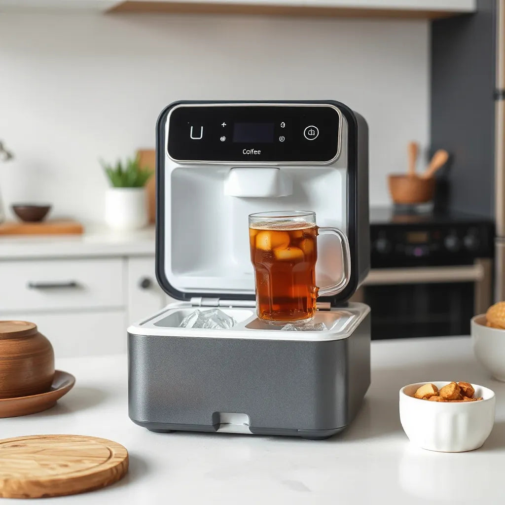 Modern 2-in-1 coffee cooler on a kitchen counter with iced coffee and a removable cooling insert