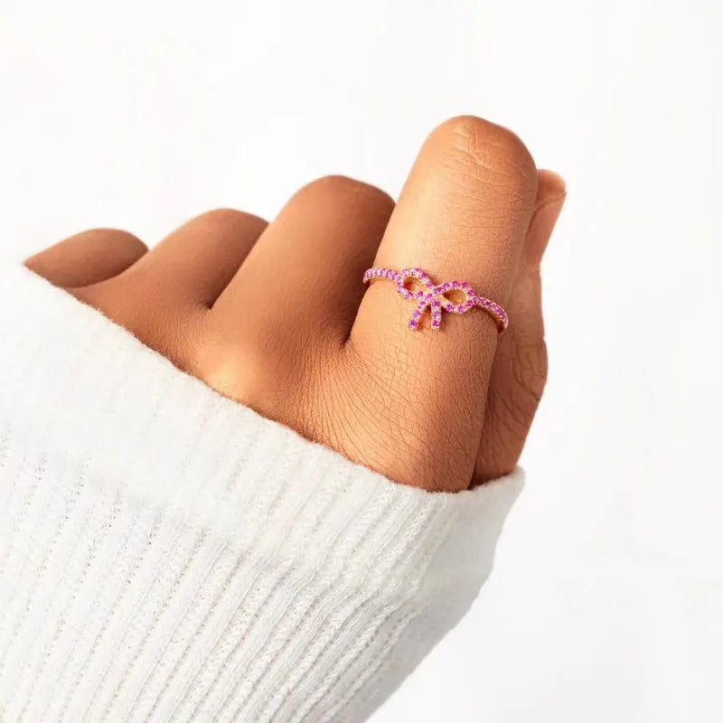 S925 Sterling Silver Pink Pavé Bow Ring