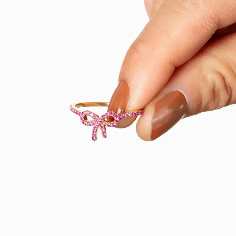S925 Sterling Silver Pink Pavé Bow Ring