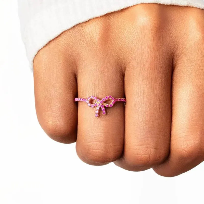 S925 Sterling Silver Pink Pavé Bow Ring