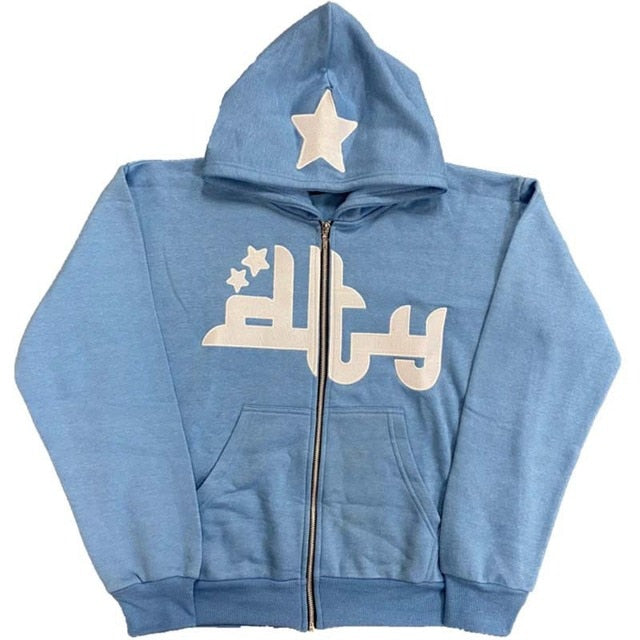 Star Printed Zip Up Hoodie